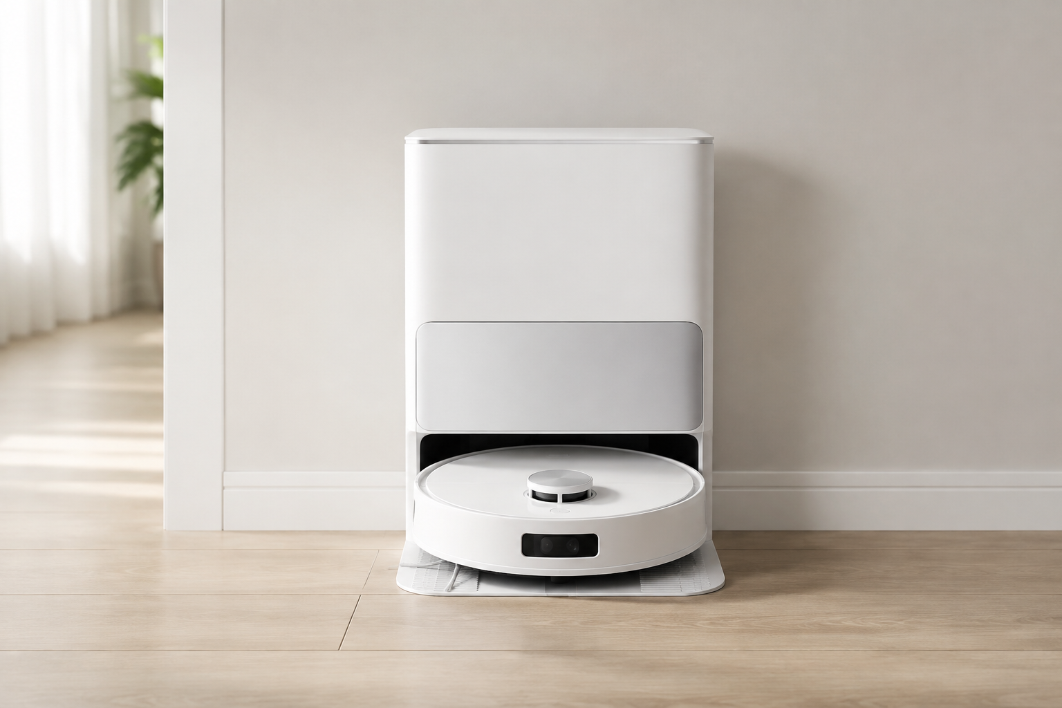 Neutral product-style image of a premium robot vacuum and docking station.